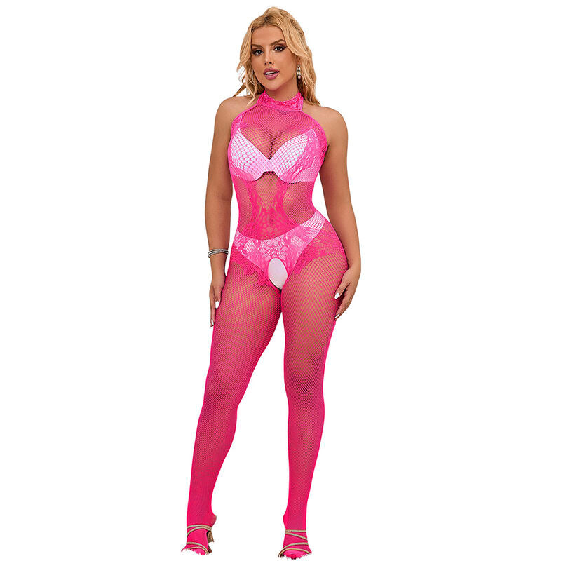 SUBBLIME - 952389 BODYSTOCKING CROTCHLESS DE REJILLA Y ENCAJE CON CUELLO ALTO ROSA TALLA ÚNICA