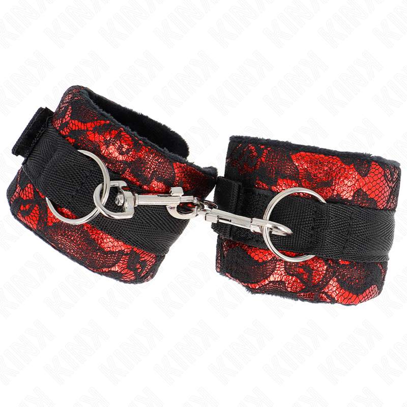 KINK - MUÑEQUERAS CORTAS DE ENCAJE TERCIOPELO Y UNIÓN DE NYLON ROJO/NEGRO 23 X 6.5 CM