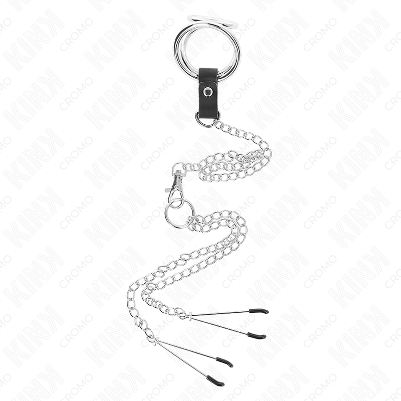 KINK - ANILLO PENE TRIPLE METAL CROMADO 3 CM A 4.5 CM CON CADENA METAL 26 CM Y PINZAS PARA PEZONES