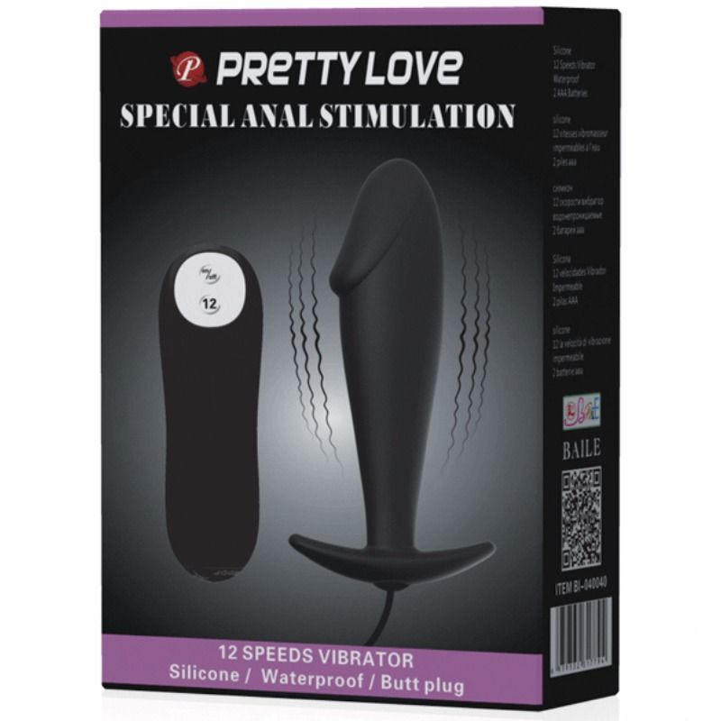 PRETTY LOVE - PLUG ANAL SILICONA FORMA PENE Y 12 MODOS VIBRACION NEGRO