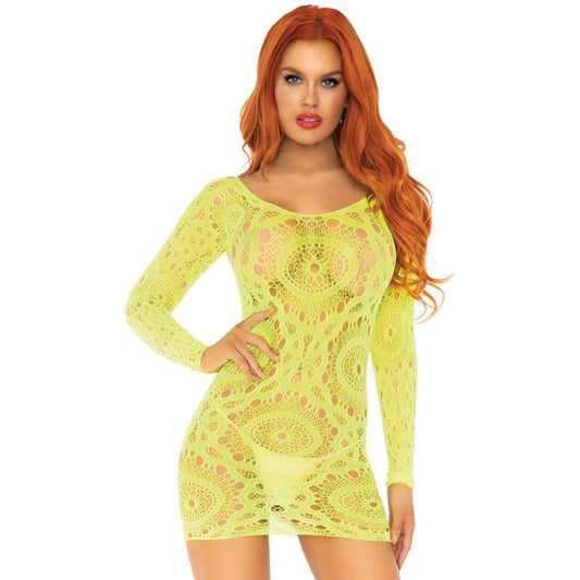 LEG AVENUE - MINI VESTIDO DE ENCAJES MANGA LARGA NEON TALLA UNICA